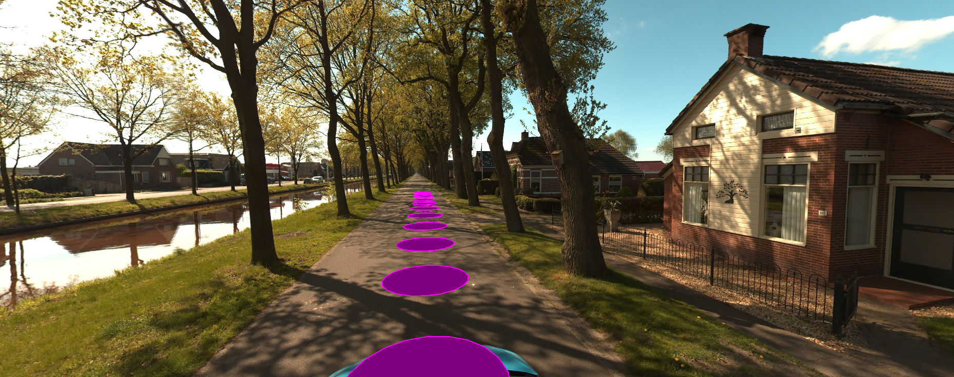 360-degree panoramic view of a residential street with trees captured by Ladybug6 72MP camera from Horus' mobile mapping system, displayed in StreetWise web viewer with navigation markers